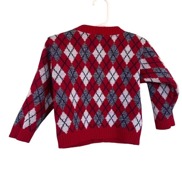 Vintage 80s Red Argyle Knit Cardigan Sweater 18-24M Toddler Boys Fall Winter - Picture 2 of 7